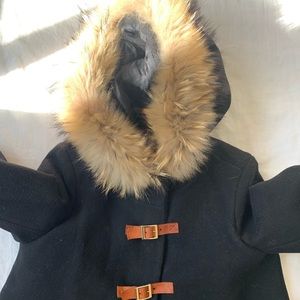 Maje wool coat with raccoon fur hood.